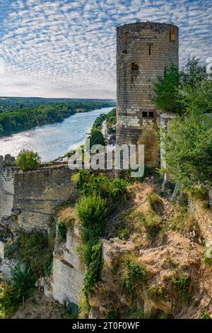 Il castello di Chinon, sebbene non sia un castello, è uno dei castelli della Loira. Le rovine del complesso del castello si trovano su una roccia sopra la città di Chinon e la Vienne, un affluente della Loira. Foto Stock