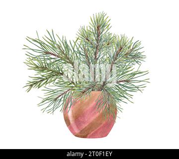 Bouquet di pino natalizio, ramo di abete rosso. Cedro, rami di conifere. Impianto Evergreen. Illustrazione ad acquerello di lussureggianti ciuffi verdi. Per una cartolina invernale Foto Stock