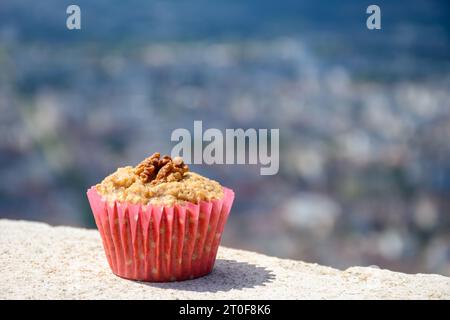 Gateau Grenoblois, torta di caffè alla noce francese, specialità di Grenoble e vista sulla parte centrale della città di Grenoble dai fortini della Bastiglia con le montagne A. Foto Stock