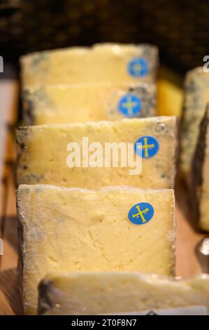 Gamonéu o formaggio gamonedo a base di latte di vacca, pecora e capra leggermente affumicato con sottile cotenna naturale delle Asturie in vendita in negozio, Spagna Foto Stock