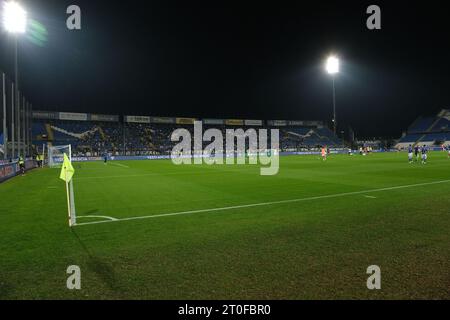 Brescia, Italia. 6 ottobre 2023. Veduta generale dello stadio Mario Rigamonti in Brixia prima della partita del campionato italiano di serie B tra Brescia calcio e Feralpisalo allo Stadio Mario Rigamonti il 6 ottobre 2023, Brixia, Italia. Credito: Agenzia fotografica indipendente/Alamy Live News Foto Stock