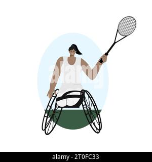 Tre dicembre giornata mondiale dei disabili disegno del logo vettoriale. Donna in sedia a rotelle che gioca a tennis Illustrazione Vettoriale