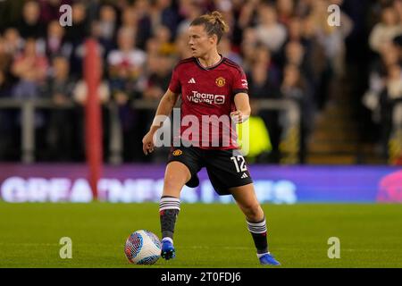 Hayley Ladd #12 del Manchester United durante la fa Women's Super League Match Manchester United Women vs Arsenal Women al Leigh Sports Village, Leigh, Regno Unito, 6 ottobre 2023 (foto di Steve Flynn/News Images) Foto Stock