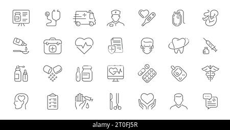 Raccolta di simboli e segni per l'assistenza sanitaria. Farmacia e medicina, set di icone dell'ospedale. Stile lineare del contorno vettoriale Illustrazione Vettoriale