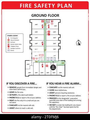 Piano di emergenza antincendio dell'edificio piano terra. Noto anche come piano di emergenza o piano di uscita. Istruzioni testuali dettagliate sulle procedure e sull'equipaggiamento di emergenza Illustrazione Vettoriale