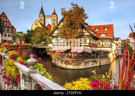 Romantica vista autunnale di Esslingen am Neckar, vicino a Stoccarda nel Baden-Wurttemberg dal Ponte di Agnese (Agnesbrücke) con i canali e la Cattedrale di San Dion Foto Stock