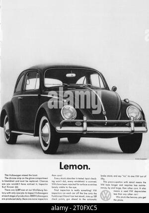 1960 pubblicità Volkswagen Beetle creata da Helmet Krone a Doyle Dane Bernbach. "Lemon" Foto Stock