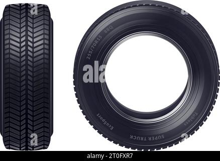 Set di pneumatici per auto nuovi e realistici vista frontale e profilo isolato su sfondo bianco illustrazione vettoriale Illustrazione Vettoriale