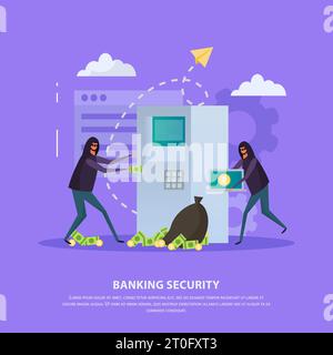 Composizione piatta della sicurezza bancaria con hacker durante la rapina atm su sfondo viola illustrazione vettoriale Illustrazione Vettoriale