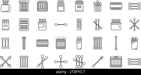Le icone dei bastoncini di cotone in legno definiscono il vettore di contorno. Cotone da bagno. Bastoncino di cera Illustrazione Vettoriale