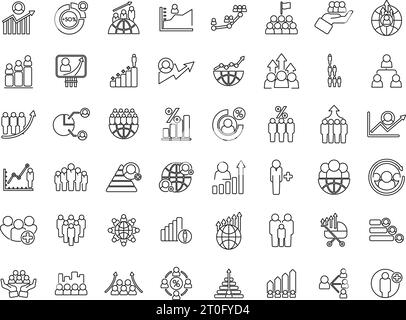Le icone di crescita della popolazione impostano il vettore di contorno. Capacità della popolazione. Area censimento Illustrazione Vettoriale