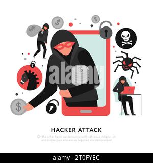 Composizione degli attacchi hacker con icone di rapina digitale e malware su sfondo bianco immagine vettoriale piatta Illustrazione Vettoriale