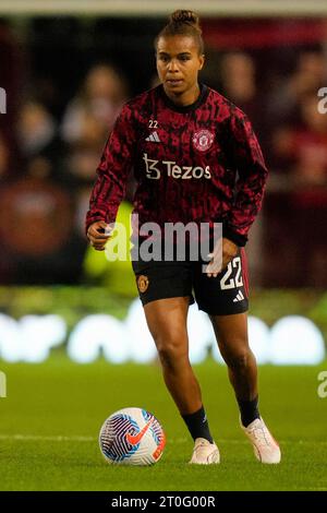 Nikita Parris n. 22 del Manchester United si riscalda prima della partita di fa Women's Super League Manchester United Women vs Arsenal Women al Leigh Sports Village, Leigh, Regno Unito, 6 ottobre 2023 (foto di Steve Flynn/News Images) Foto Stock