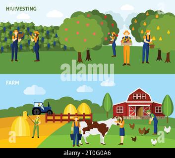 Frutteti raccolta e allevamento produzione foraggera 2 striscioni orizzontali piane composizione poster astratto illustrazione vettoriale isolata Illustrazione Vettoriale