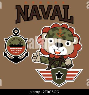 Leone carino in uniforme militare che regge il volante con elementi navali, illustrazioni di cartoni animati vettoriali Illustrazione Vettoriale