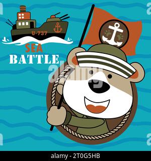 simpatico orso in uniforme da marinaio con bandiera e nave da guerra su sfondo blu marino, illustrazione di cartoni animati vettoriali Illustrazione Vettoriale