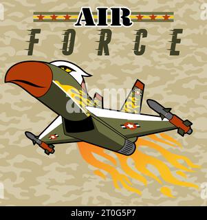 Il jet da combattimento in aquila è caratterizzato da uno sfondo mimetico, illustrazioni di cartoni animati vettoriali Illustrazione Vettoriale