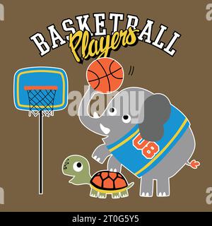 Divertente elefante con tartarughe che giocano a basket, illustrazione di cartoni animati vettoriali Illustrazione Vettoriale