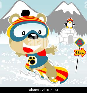 Simpatici orsi da snowboard, piccoli pinguini su igloo, illustrazioni di cartoni animati vettoriali Illustrazione Vettoriale