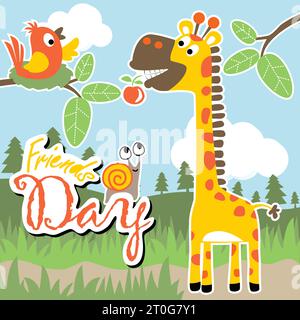Divertente giraffa che morde frutta, uccello sul nido con lumaca nella foresta, illustrazione di cartoni animati vettoriali Illustrazione Vettoriale