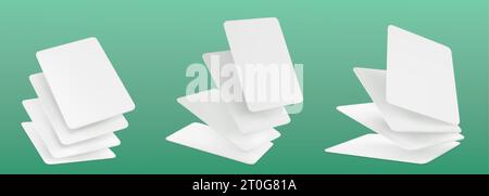 mockup 3d di carte da gioco vuote per poker e giochi da tavolo. Pagine di white paper volanti e cadenti vuote, casinò o buoni regalo isolati su sfondo verde Illustrazione Vettoriale