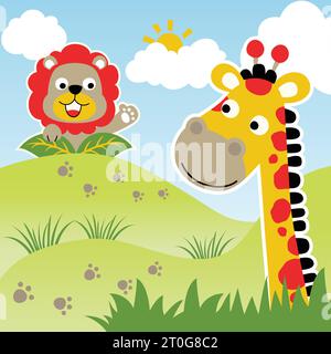 Divertente giraffa e leoni che giocano a nascondino, illustrazione di cartoni animati vettoriali Illustrazione Vettoriale