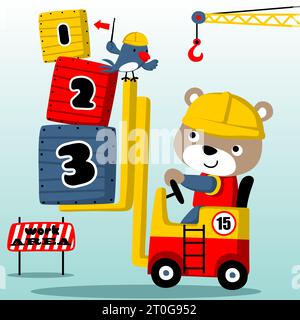 Carrello elevatore a forche carino con orso carino, illustrazione di cartoni animati vettoriali Illustrazione Vettoriale