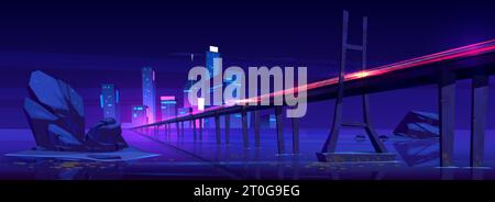 Luce al neon e ponte di velocità sul mare. Paesaggio urbano con paesaggio acquatico. Linea di movimento su autostrada in metaversa. Movimento della pista laser Speedway verso Illustrazione Vettoriale