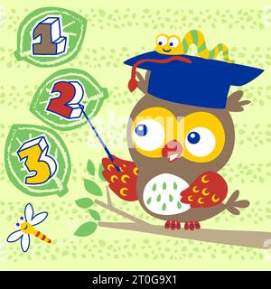 Grazioso gufo che indossa un cappello da graduazione con insetti che imparano la matematica, illustrazioni di cartoni animati vettoriali Illustrazione Vettoriale