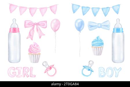 Set per feste di genere e baby shower. Neonato, ragazzo o ragazza. Bandiere blu rosa, biberon, ciuccio, fiocco, palloncino. Acquerello disegnato a mano Foto Stock
