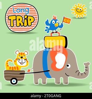 Grazioso elefante con tigre e uccello in viaggio, illustrazione di cartoni animati vettoriali Illustrazione Vettoriale