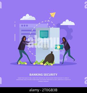 Composizione piatta della sicurezza bancaria con hacker durante la rapina atm su sfondo viola illustrazione vettoriale Illustrazione Vettoriale