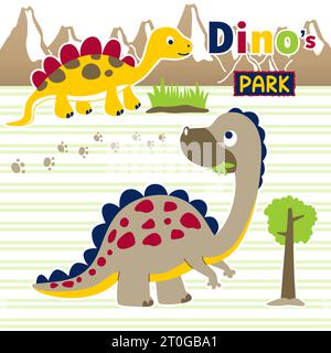 Divertenti dinosauri sullo sfondo delle montagne, illustrazioni di cartoni animati vettoriali Illustrazione Vettoriale