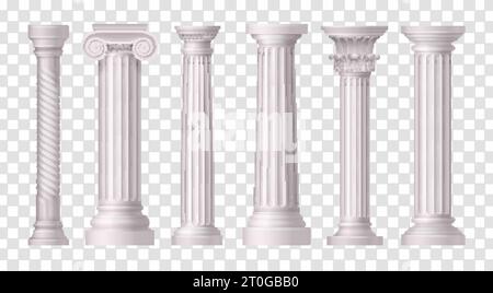 Sei colonne bianche antiche isolate e realistiche impostate su un'illustrazione vettoriale trasparente di sfondo Illustrazione Vettoriale