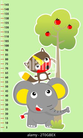 metro a parete con divertente elefante e scoiattolo, simpatici animali con albero da frutto, illustrazione di cartoni animati vettoriali Illustrazione Vettoriale