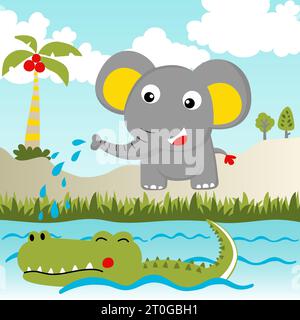 Grazioso elefante con coccodrillo nel fiume, illustrazione di cartoni animati vettoriali Illustrazione Vettoriale