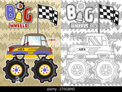 Monster Truck con bandiera di finitura sullo sfondo della pista, illustrazione dei cartoni animati Vector, libro da colorare o pagina Illustrazione Vettoriale