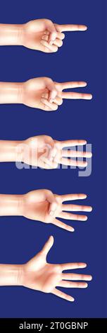 Concetto dei gesti di comunicazione Set di conteggio dei segni delle mani da uno a cinque su sfondo blu illustrazione vettoriale Illustrazione Vettoriale
