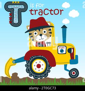 Divertente gatto sul trattore, illustrazione di cartoni animati vettoriali Illustrazione Vettoriale