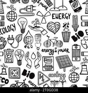 Motivo senza giunture in bianco e nero con diversi tipi di simboli dell'energia di sicurezza e lettere, illustrazione vettoriale piatta Illustrazione Vettoriale