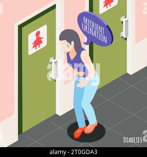 Diabete sfondo isometrico con giovane donna che tiene lo stomaco e che soffre di frequente illustrazione vettoriale di minzione Illustrazione Vettoriale