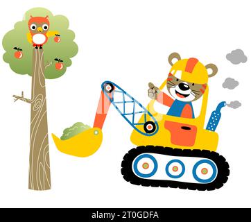 Simpatico gatto su un veicolo da costruzione, gufo su un albero che regge frutta, illustrazione di cartoni animati vettoriali Illustrazione Vettoriale