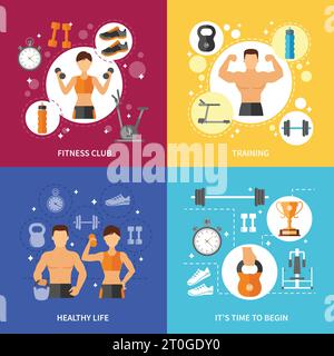 Fitness club di allenamento sportivo e tempo per iniziare la vita sana Flat concetto di colore isolato illustrazione vettoriale Illustrazione Vettoriale