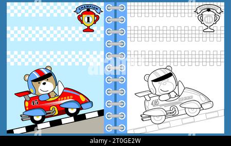Cartoni animati vettoriali di orso divertente su auto da corsa, libro da colorare o pagina Illustrazione Vettoriale