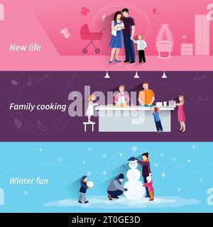 Happy family moments 3 striscioni piatti insieme con la cucina e la produzione di pupazzo di neve insieme astratto isolato vettore illustrazione Illustrazione Vettoriale
