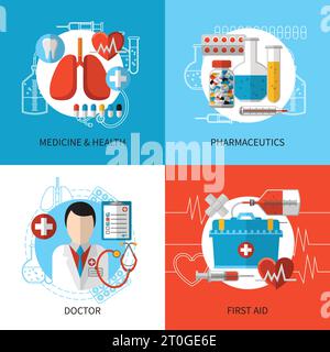 Insieme di concetto di progettazione sanitaria e medica con strumenti di pronto soccorso illustrazione vettoriale Illustrazione Vettoriale