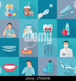 Set di icone odontoiatriche a colori piatte con strumenti per il trattamento dei denti e prodotti per l'igiene illustrazioni vettoriali isolate Illustrazione Vettoriale