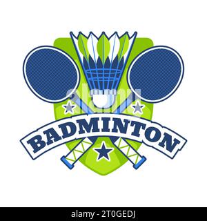 Logo badminton nei colori verde e blu con due racchette incrociate, volano e stelle, illustrazione vettoriale piatta Illustrazione Vettoriale