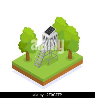 Stazione meteorologica isometrica alimentata a energia solare in illustrazione vettoriale 3d forestale Illustrazione Vettoriale