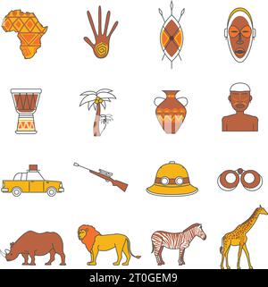 African safari animali a contorno piatto icone insieme vettore isolato illustrazione Illustrazione Vettoriale